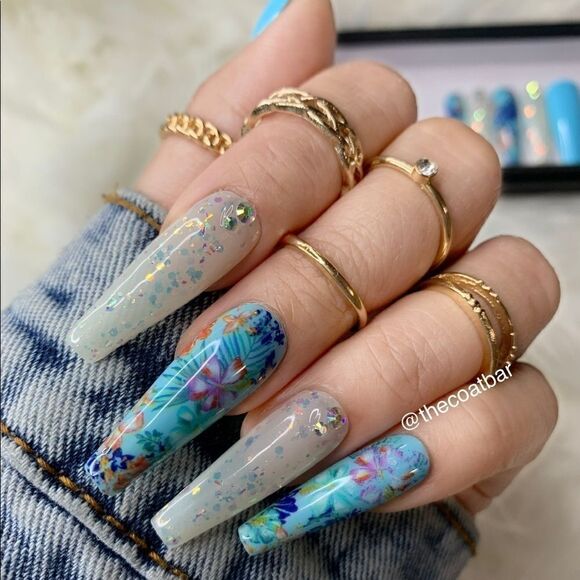 Blue Flower Custom Press On Nails | High Quality Nails | Handmade - Picture 1 of 13